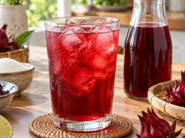 Ly siro atiso đỏ pha đá có màu đỏ tự nhiên đẹp mắt